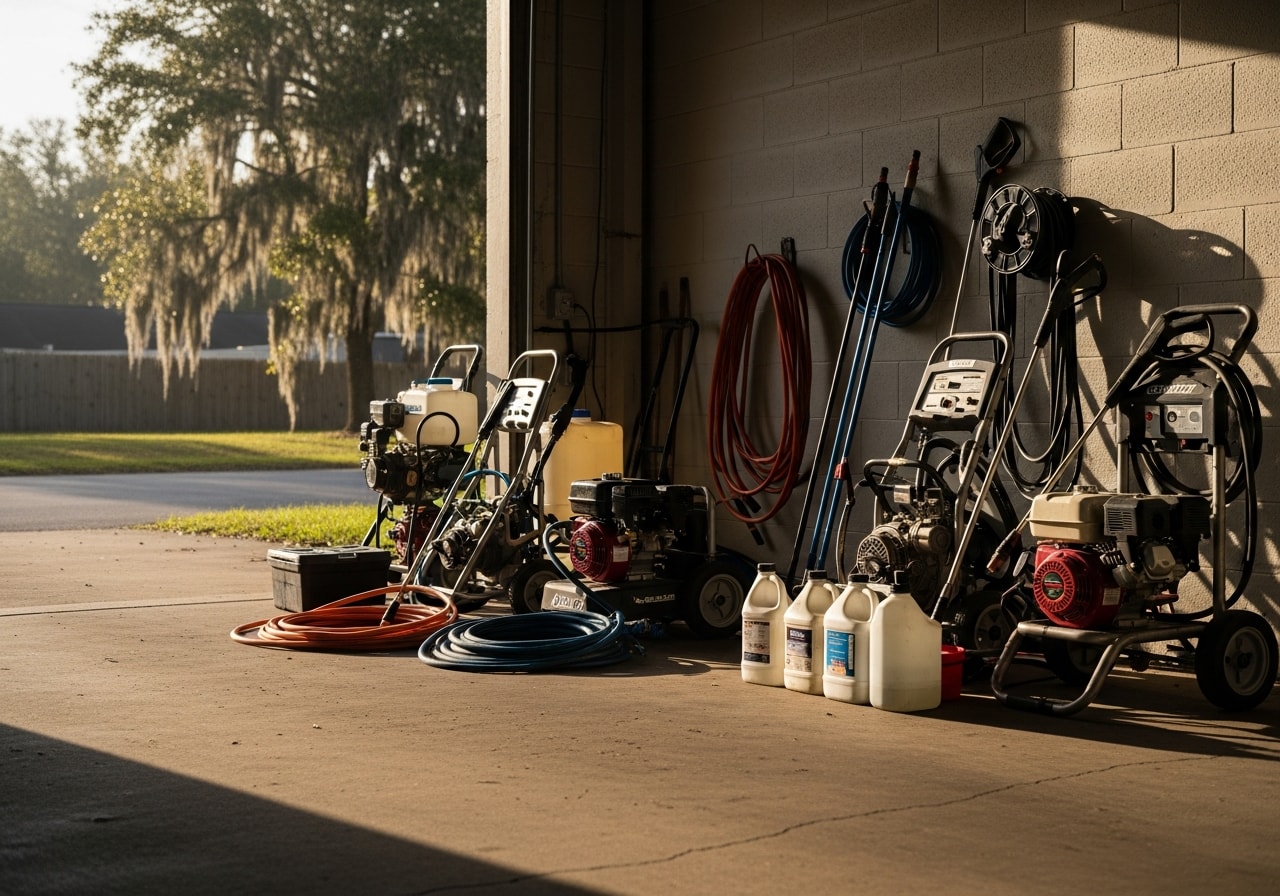 Exterior cleaning crew with soft washing equipment and pressure washing tools ready for residential service.