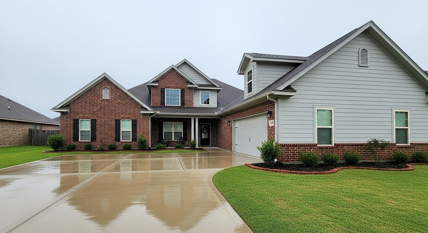 A modern residential home in Denham Springs with a manicured yard and clear property lines, representing quality work in a growing suburb.
